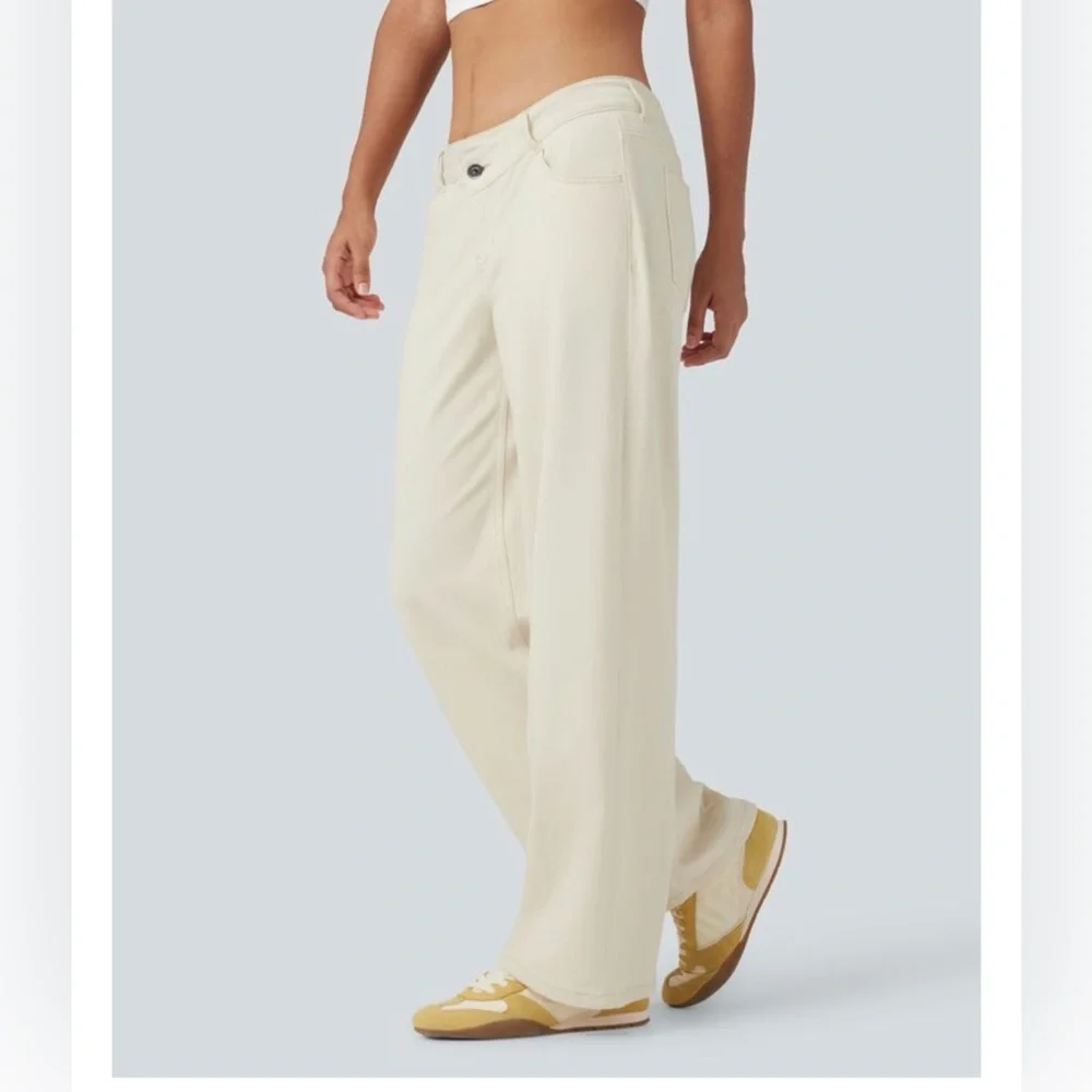 NWT HALARA Flex™ Asymmetric Low Rise Light Khaki Baggy Wide Leg Casual Jeans, L - Picture 6 of 7